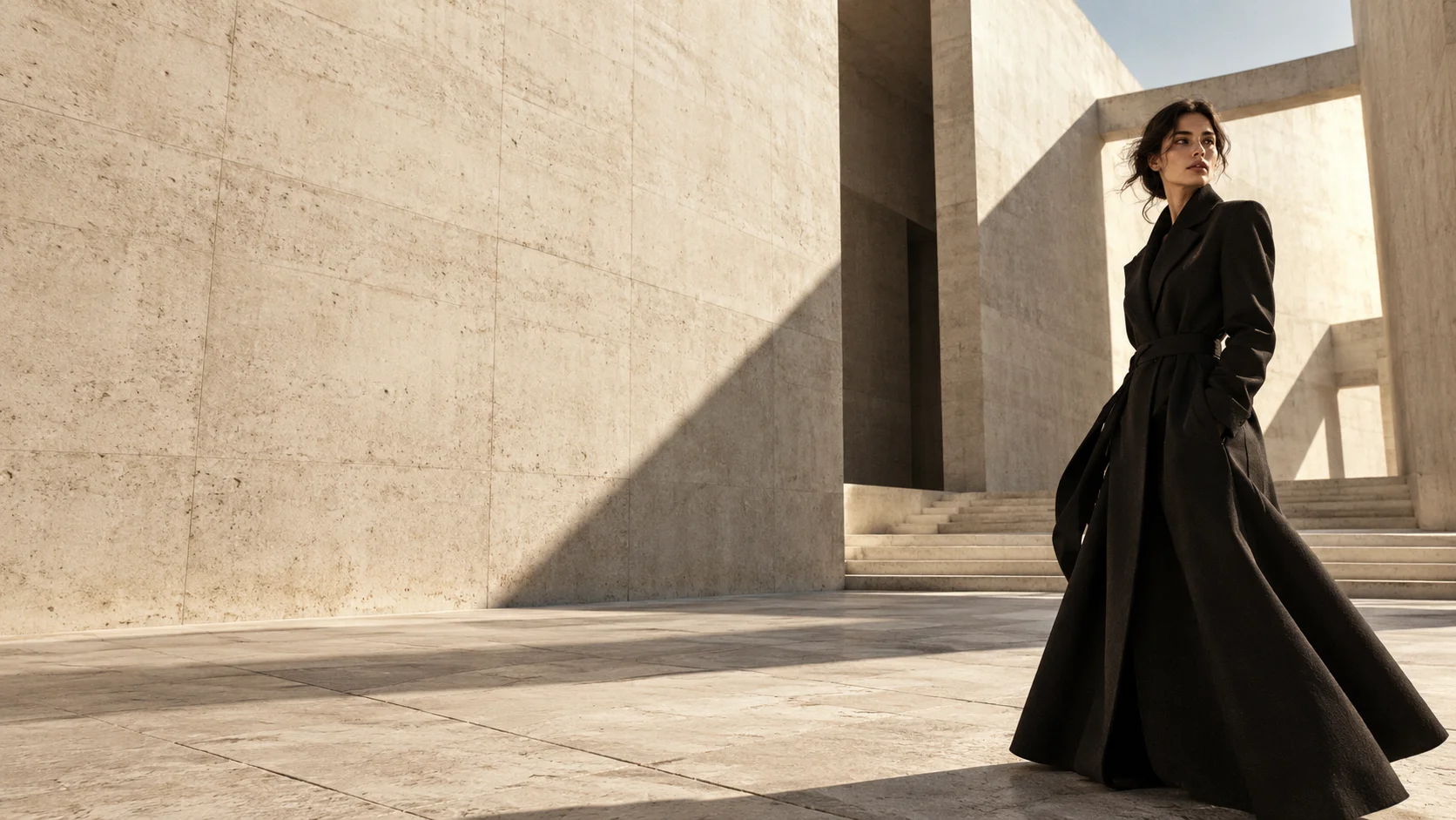 Conceptual fashion editorial: black tailoring against sunlit stone architecture